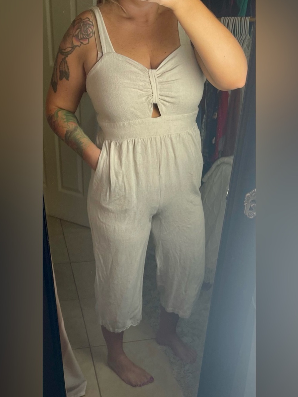 Monteau Cream Sleeveless Cropped Jumpsuit with Keyhole